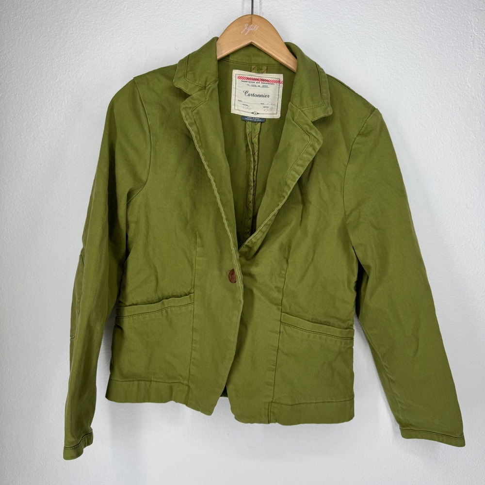 Cartonnier Anthropologie Womens Blazer Jacket 6 Green Denim Elbow Patches FLAW